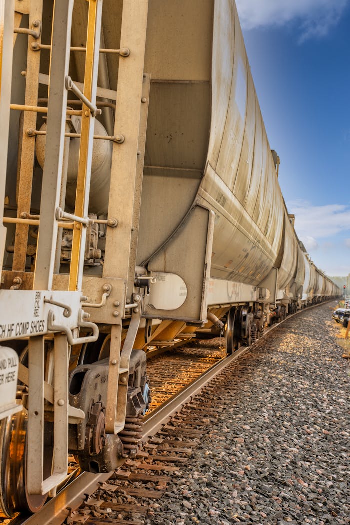 Close-up of a freight train on tracks in Reads Landing, MN, capturing transportation theme.