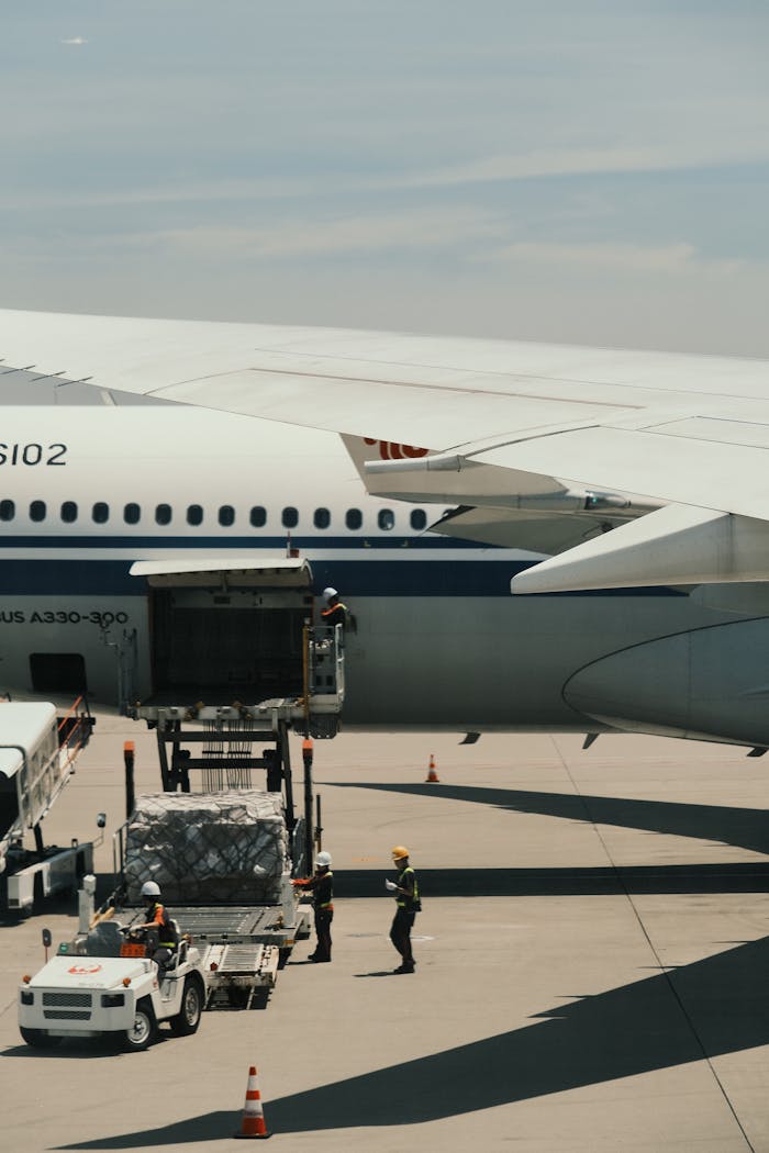 services-03 Airbus A330 being loaded with cargo on an airport runway, showcasing transportation logistics.