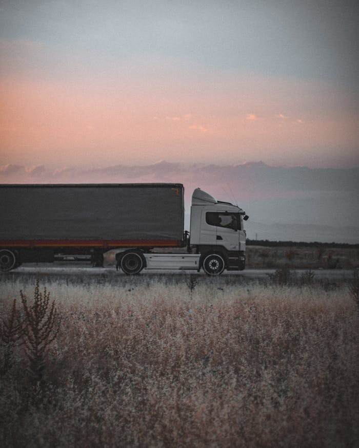 services-01 A cargo truck travels on a highway at sunset, surrounded by an open landscape, symbolizing logistics and transportation.